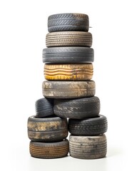 Fototapeta na wymiar Stacks of Vintage Tires Reusing Worn Out Rubber as Creative Background Concept - Isolated on White and Dirty from Years of Use