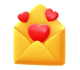 Yellow envelope with red heart. 3d mail icon illustration isolated on white background.