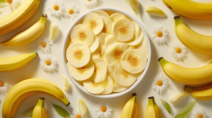 The arrangement of honey and bananas with a top view.