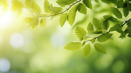 Fototapeta na wymiar Serene Spring Background: Fresh Green Tree Leaves in Nature's Blurred Beauty - Lush Foliage and Vibrant Seasonal Growth for a Tranquil Summer Landscape.