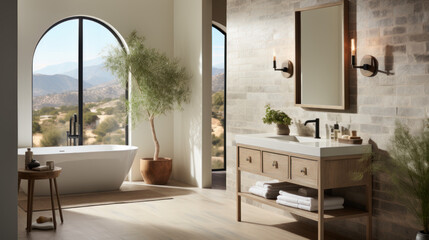 Fototapeta na wymiar Mediterranean Bathroom with Abstract Mirror (Design 2)