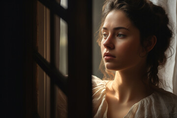 In a portrayal of emotional sensitivity, a young woman stands near a window, bathed in soft lighting that enhances the emotive tone of the portrait. Generative AI.
