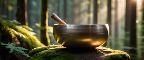 A singing bowl resting on a mossy rock, a peaceful scene, Generative Ai
