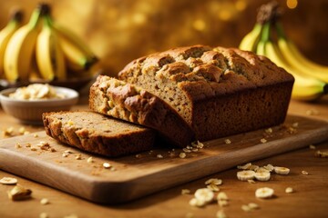 Banana bread on the table on gold background, bread with banana, bread with nuts, bread with...