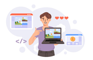 Video game developer concept. Man with laptop. Entertainment and leisure, fun. Young guy write code for mobile application. Cartoon flat vector illustration isolated on white background