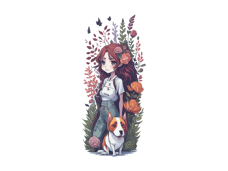 Watercolor Cute Anime Girl, With flowers, Fantasy Art, With Her Dog Friend, Vector Illustration Clipart