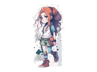 Watercolor Cute Anime Girl, With flowers, Fantasy Art, With Her Dog Friend, Vector Illustration Clipart