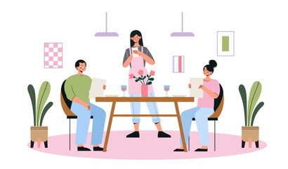 People visiting restaurant concept. Cafe staff with visitors at table. Man and woman at romantic meeting. Waiter with clients. Cartoon flat vector illustration isolated on white background