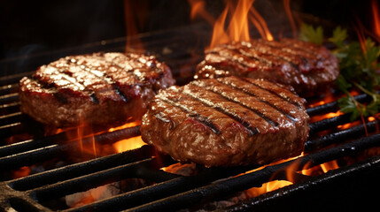 Juicy beef patties for hamburgers being grilled on a grill grate with flames underneath created with Generative Ai