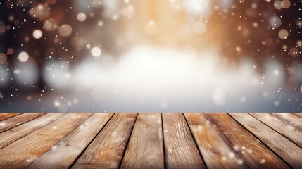 The empty wooden table top with blur winter background. Generative AI