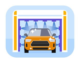 Wash car service concept. Yellow automobile under water flow indoor. Auto service and cleaning, hygiene for vehicles. Cartoon flat vector illustration isolated on blue background