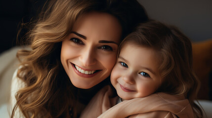 happy mother and little daughter looking at camera while lying on bed at home