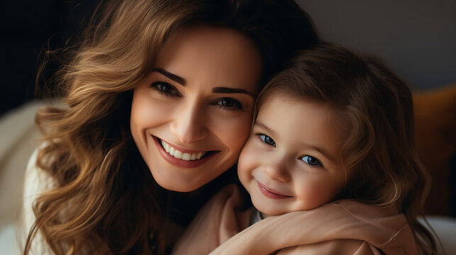 happy mother and little daughter looking at camera while lying on bed at home