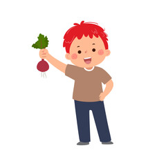 Kid boy holding fresh beetroot in hand