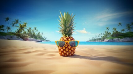 Obraz premium Pineapple in the sand on the beach cartoon.