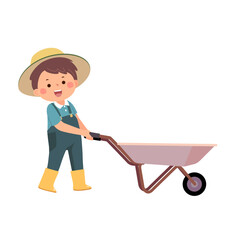 Little boy gardener pushing empty wheelbarrow