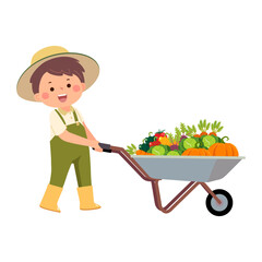 Little boy gardener pushing wheelbarrow full of vegetables