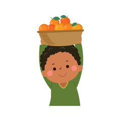 Little gardener carrying oranges fruit basket