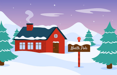 Fototapeta premium Winter landscape with house. Beautiful natural panorama. Red building under snow near Christmas tree. Template for greeting postcard. New Year season. Cartoon flat vector illustration