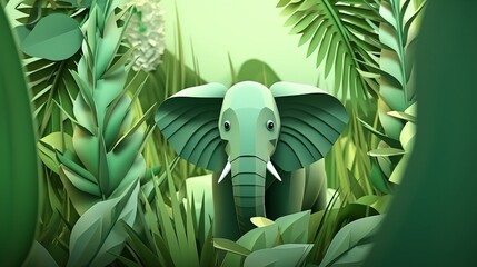 Green cartoon elephant in the jungle.