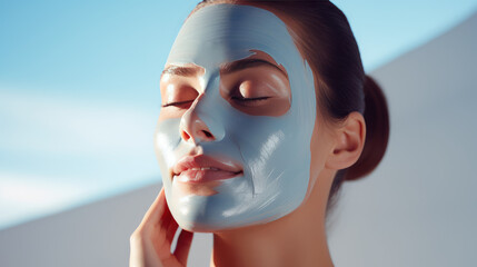 Close-up of a young female face smeared with a blue clay mask. Clay face mask helps to narrow pores and purify the skin, flat background.