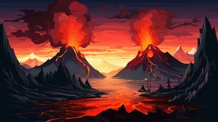 Volcano eruption with flowing lava and smoke illustration AI Generated