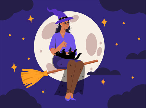 Witch at broomstick. Woman in witchhat at background of starry sky and moon. Magic, witchcraft and sorcery. Imagination and fantasy, dream and fairy tale. Cartoon flat vector illustration