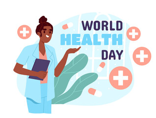 World health day poster. Treatment and medicine. Woman in medical uniform. International holiday and festival 7 April. Cartoon flat vector illustration isolated on white background