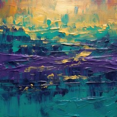 Painting acrylic, purple, green, blue, a little gold, abstract sunset, broad brush, lines, spots, stripes, abstract style, symbolism style