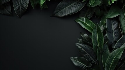 Collection of tropical leaves, foliage plant in black color with space on background, top view. Generative AI
