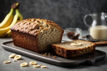 Fototapeta na wymiar Banana bread on the table on grey background, bread and fruits, bread with seeds, bread with raisins and nuts, chocolate cake with nuts, Banana pie with cinnamon, Banana pie with nuts and raisins