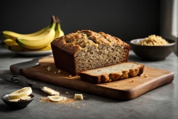 Fototapeta na wymiar Banana bread on the table on grey background, bread and fruits, bread with seeds, bread with raisins and nuts, chocolate cake with nuts, Banana pie with cinnamon, Banana pie with nuts and raisins