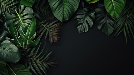 Fototapeta na wymiar Collection of tropical leaves, foliage plant in black color with space on background, top view. Generative AI