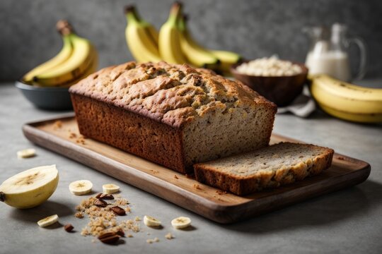 Banana bread on the table on grey background, bread and fruits, bread with seeds, bread with raisins and nuts, chocolate cake with nuts, Banana pie with cinnamon, Banana pie with nuts and raisins