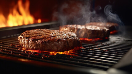 Juicy beef patties for hamburgers being grilled on a grill grate with flames underneath created with Generative Ai