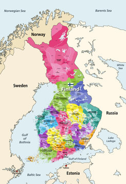 Finland municipalities colored by regions vector map with regions' capitals, surrounded by neighbouring countries and territories