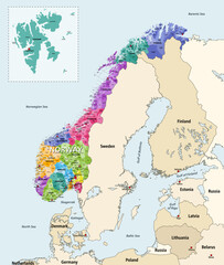 Norway municipalities high detailed vector map colored by administrative regions (counties). Norway surrounded by other countries map