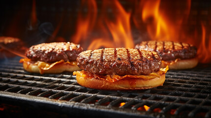 Juicy beef patties for hamburgers being grilled on a grill grate with flames underneath created with Generative Ai