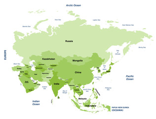 Asia political detailed vector map - obrazy, fototapety, plakaty
