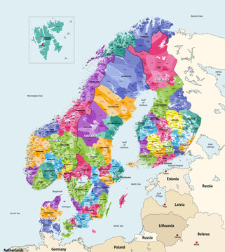 Regions and municipalities map in the Nordic region. Vector illustration