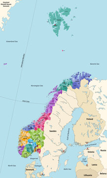 Norway municipalities high detailed vector map colored by administrative regions (counties), with neighbouring countries and territories. All municipalities and capital cities are named