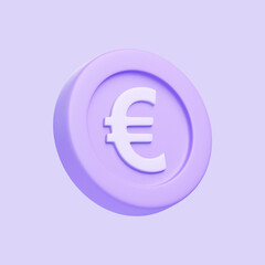 Purple coin with euro sign isolated on purple background. 3D icon, sign and symbol. Cartoon minimal style. 3D Render Illustration
