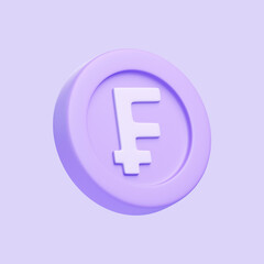 Obraz premium Purple coin with franc isolated on purple background. 3D icon, sign and symbol. Cartoon minimal style. 3D Render Illustration