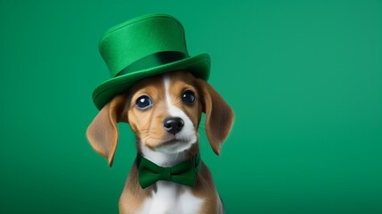 Dog in a hat on a green background.