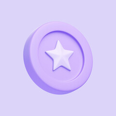 Purple coin with star isolated on purple background. 3D icon, sign and symbol. Cartoon minimal style. 3D Render Illustration