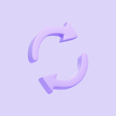Two purple arrows icon, update symbol isolated on purple background. 3D icon, sign and symbol. Cartoon minimal style. 3D Render Illustration