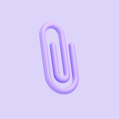 Purple paper clip isolated on purple background. 3D icon, sign and symbol. Cartoon minimal style. 3D Render Illustration