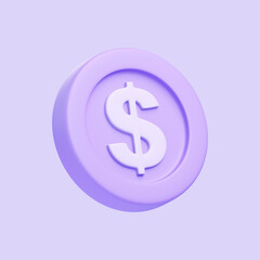 Obraz premium Purple coin with dollar sign isolated on purple background. 3D icon, sign and symbol. Cartoon minimal style. 3D Render Illustration