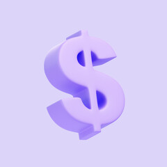 Purple dollar sign isolated on purple background. 3D icon, sign and symbol. Cartoon minimal style. 3D Render Illustration