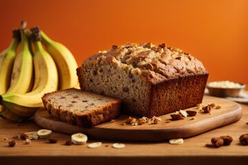 Fototapeta na wymiar Banana bread on the table on orange background, cake with nuts, cake with raisins, chocolate and banana cake with nuts, banana pie with nuts and raisins, piece of banana cake